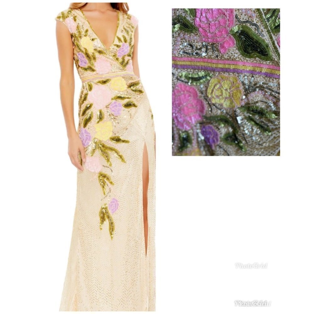 Mac Duggal Floral Beaded V-Neck High Slit Cap Sleeve Evening Gown Size 12 NWT